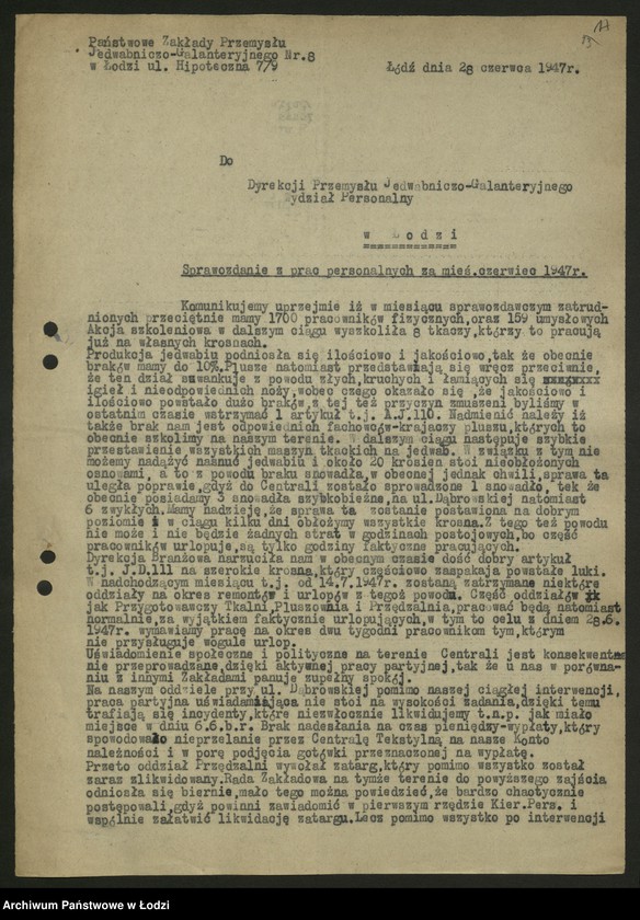 Obraz 18 z jednostki "Sprawozdania personalne w rozbiciu na branże przemysłowe [nadesłane przez centralne zarządy, zjednoczenia i fabryki] t.2"