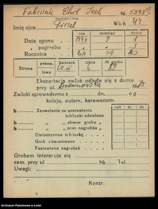 Obraz 9 z jednostki "Kartoteka osób pochowanych na cmentarzu żydowskim przy ulicy Brackiej w latach 1892-1958. Nazwiska na litery: Fa-Fä"