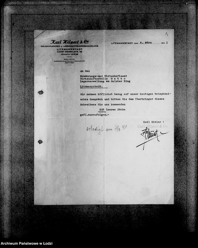 Obraz 5 z jednostki "[Zlecenia na dostawę dla ludności Getta artykułów spożywczych- ziemniaki, chleb, mąka, mięso- oraz zwrot opakowań]"