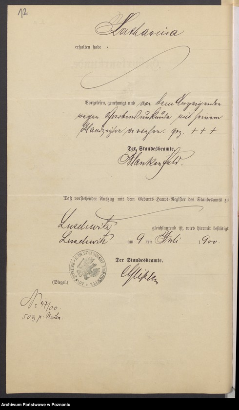 Obraz 14 z jednostki "Die von den Verlobten beigebrachten Urkunden zur Eheschliessung pro 1900"