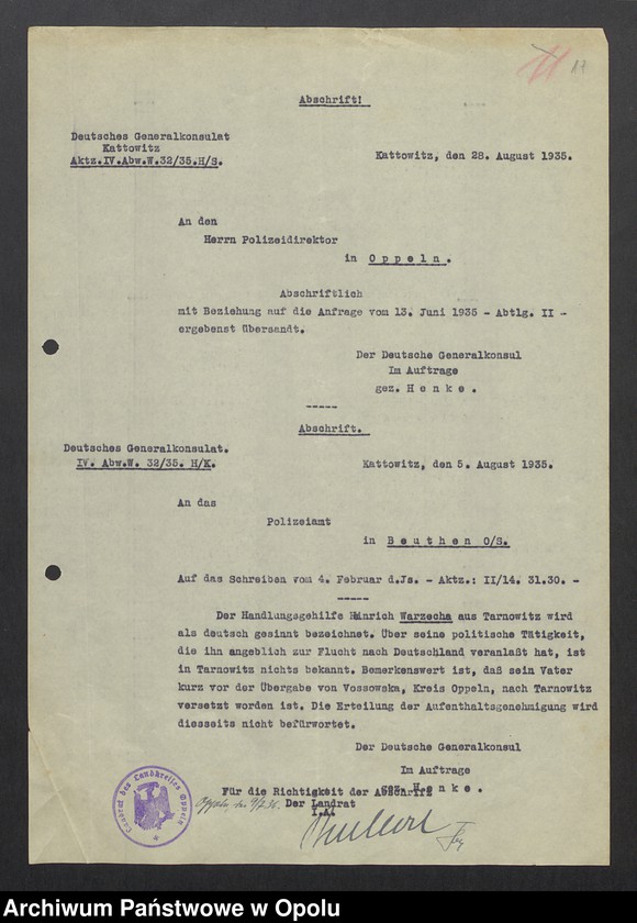 Obraz 19 z jednostki "[Zezwolenie na pobyt - Heinrich Warzecha, ur. 13. 07. 1906 Kudoba pow. oleski]"