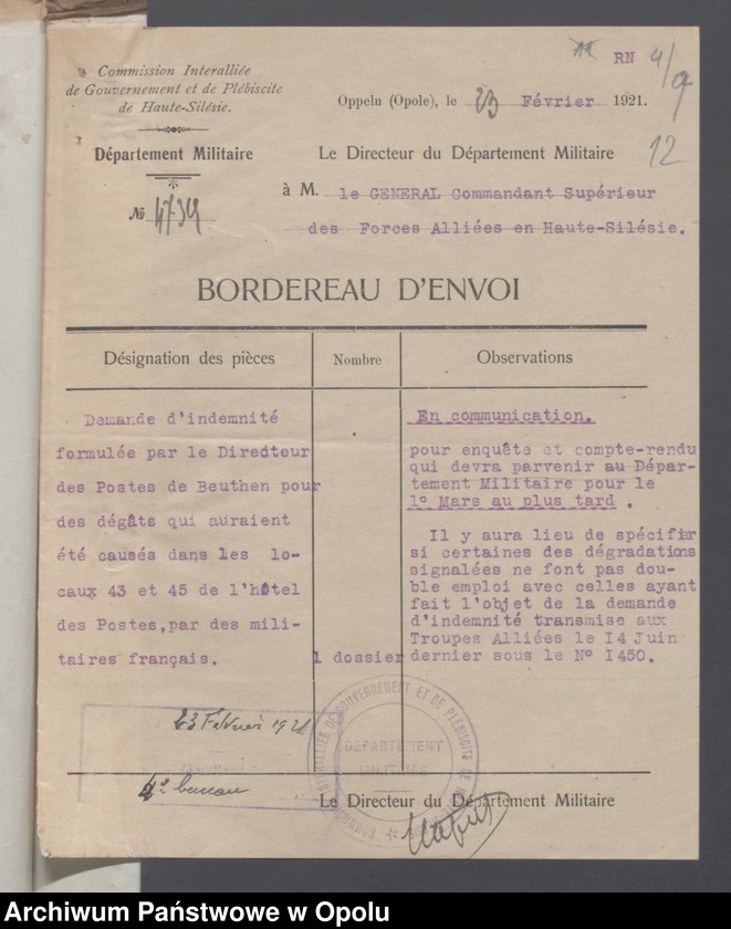 Obraz 14 z jednostki "Service du Genie-Casenement-Cantonnement  /Korespondencja i zarządzenia z zakresu rozlokowania wojska, przydziały koszar/ 4.02.- 10.09.1921"