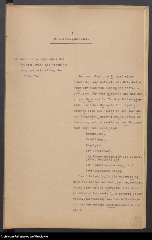 Obraz 3 z jednostki "Sonderentwurf und Kostenanschlag für einen Gerätenschuppen und ein Nadelschutzdach am Wehr in Bartheln"