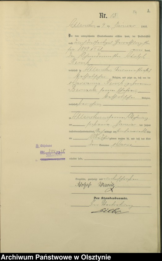 image.from.unit.number "Geburts-Haupt-Register Tom I,Nr - 399"