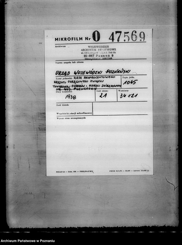 Obraz 2 z jednostki "/ Kasa Bezprocentowego Kredytu Okręgowego Związku Towarzystw Ogrodów i Osiedli Działkowych na województwo poznańskie/"