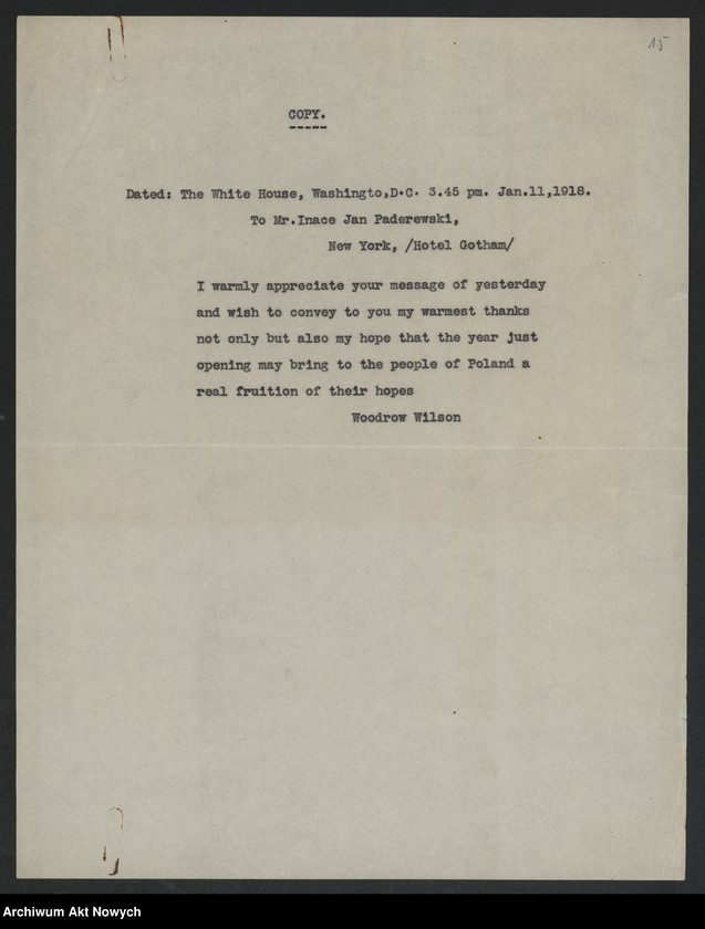 image.from.unit.number "Stosunek Stanów Zjednoczonych A.P. do sprawy niepodległości Polski. Memoriały. Korespondencja. Wycinki prasowe"