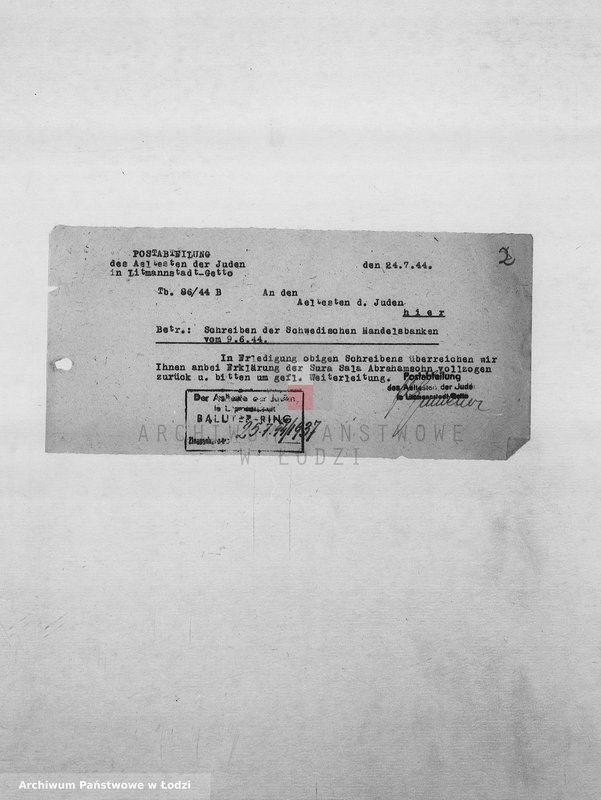 Obraz 5 z jednostki "Banken [Korespondencja PSŻ z GV i bankami niemieckimi w sprawie przekazów pieniężnych dla ludności getta]"