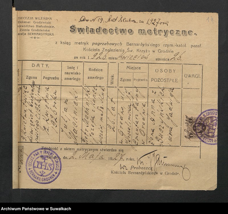 Obraz 16 z jednostki "Aneksa Aktów Ślubnych Rz-Katolickiej par. Wigierskiej za 1927 rok"