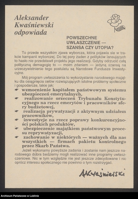 Obraz 2 z kolekcji "Wybory prezydenckie w 1995 r. - materiały wyborcze111"
