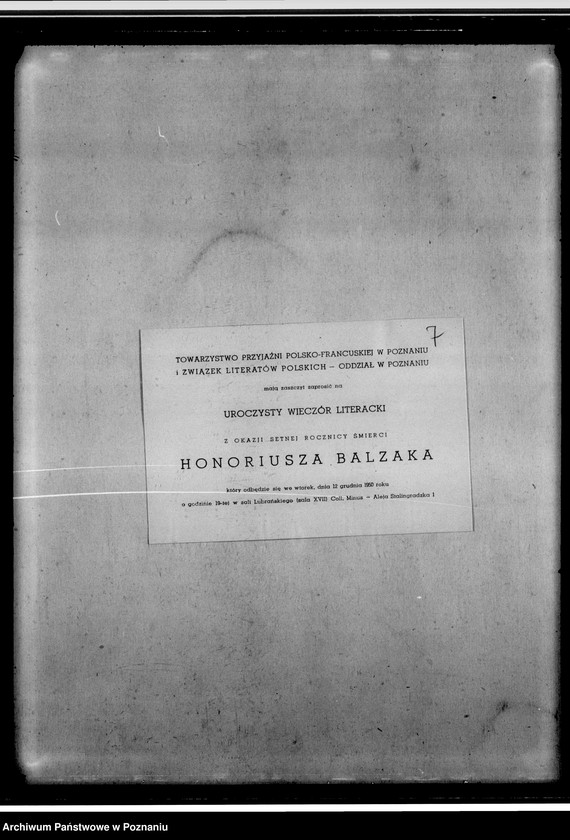 Obraz 11 z jednostki "Protokoły zebrań zarządu oddziału, brudnopisy, wycinki prasowe, m.in. dotyczące uczczenia 100 rocznicy śmierci Balzaka"