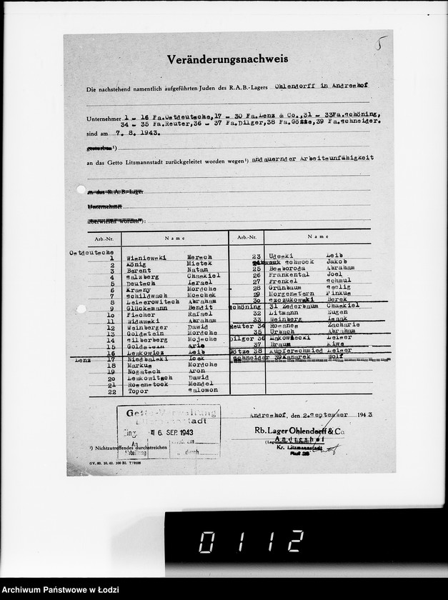 Obraz 9 z jednostki "Sonderkonto 12300. Arbeitsamt Litzmannstadt Judenlager: Löwenstadt- (Amtskommissar Löwenstadt), Hulanki- (Krs.Litzmannstadt), Jendrzejów, Andrzejów, Ostrowo (Krs.L-stadt)."