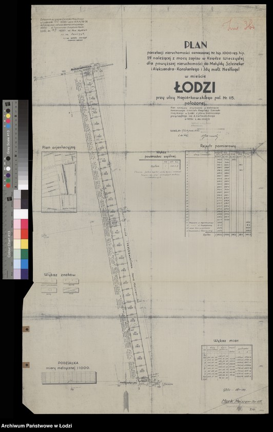 Obraz 1 z jednostki "Plan parcelacji nieruchomości oznaczonej numerem hipotecznym 1000 repertorium 59 należącej, z mocy zapisu w księdze wieczystej dla powyższej nieruchomości, do Matyldy Szteineker i Aleksandra Konstantego i Idy małżonków Nestfogel w mieście Łodzi przy ulicy Napiórkowskiego numer policyjny 115 położonej"