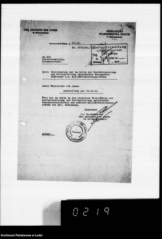 Obraz 7 z jednostki "Korrespondenz betr.Versicherung der im Getto zur Konfektionierung umlaufenden Wehrmachtsuniformen und Aufstellung über ausgeführte Transporte."