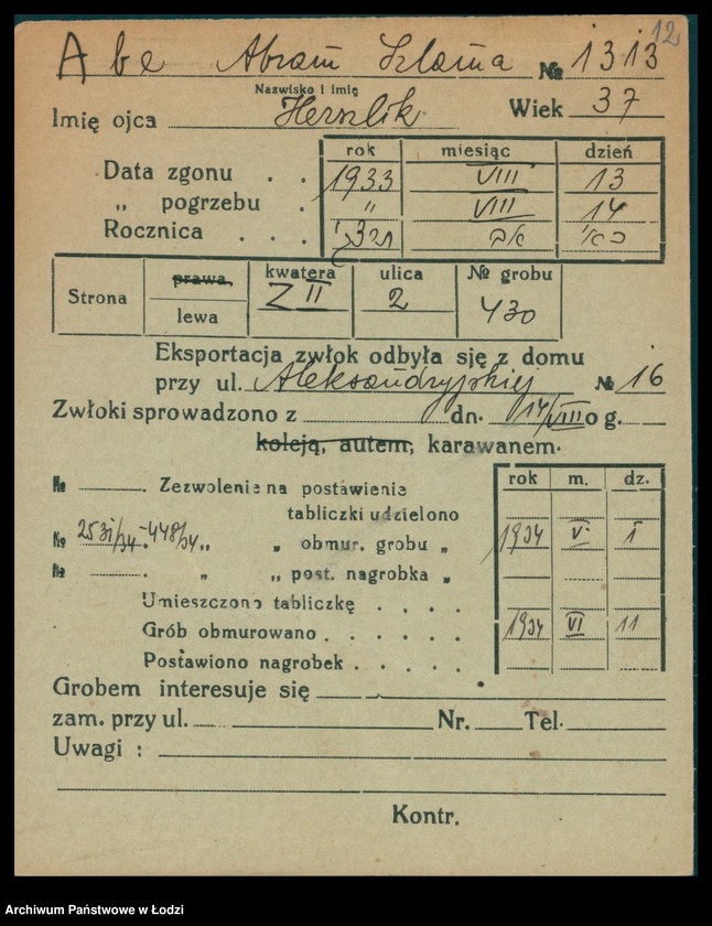 Obraz 13 z jednostki "Kartoteka osób pochowanych na cmentarzu żydowskim przy ulicy Brackiej w latach 1892-1959. Nazwiska na literę A"