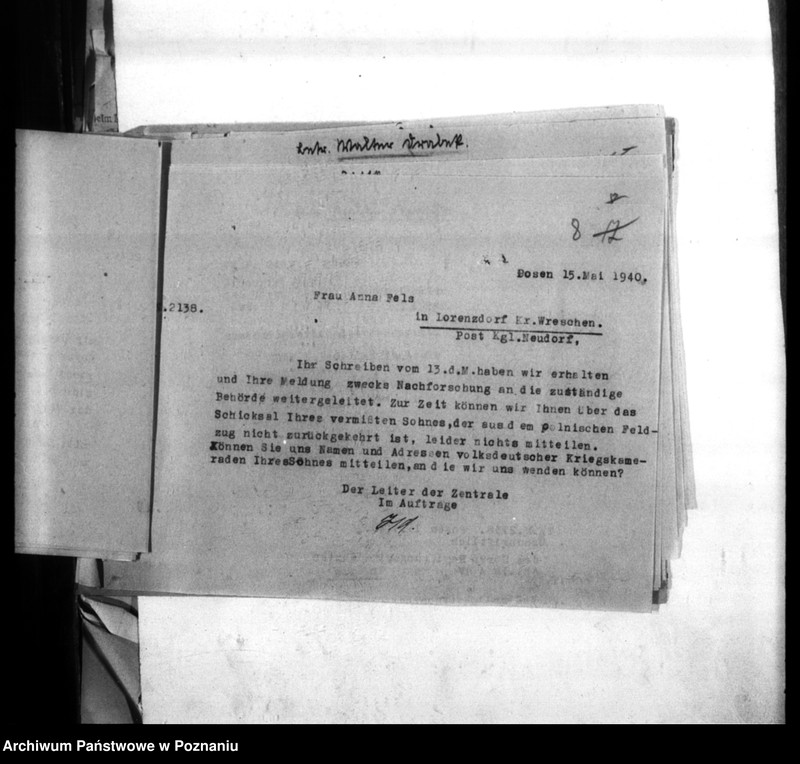 Obraz 12 z jednostki "Weiterleitung von Vermisstenmeldungen an die Regierung Posen, Abteilung Ia (Poznań)"