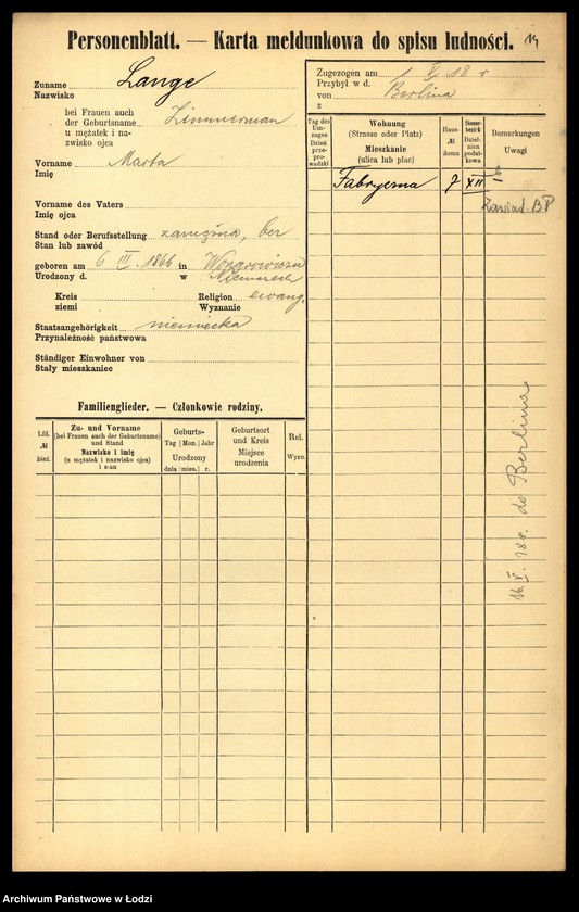 Obraz 16 z jednostki "[Spis ludności Łodzi] Lange - Langner"