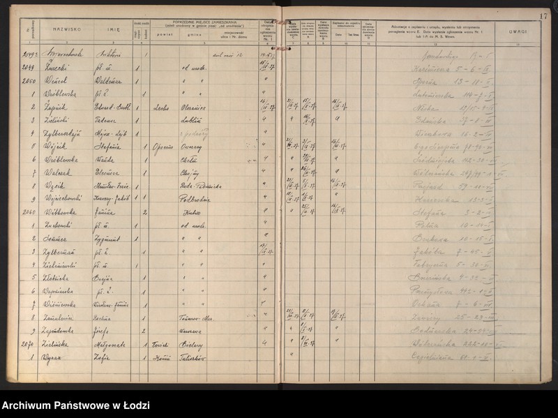 Obraz 20 z jednostki "Księga kontroli ruchu ludności (rejestr osób przybywających do gminy) Łódź, zespół VIII, lit. U, W, Z, Ż"