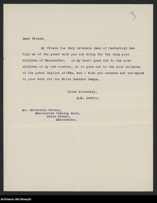 image.from.unit.number "Manchester Evening News White Heather Fund; Załączniki: listy lorda Derby i M. K. Gandhiego do I. Mathewson Watson
