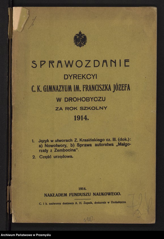 image.from.unit.number "Sprawozdanie Dyrekcji c.k. gimnazjum im. Franciszka Józefa w Drohobyczu za rok szkolny 1914"