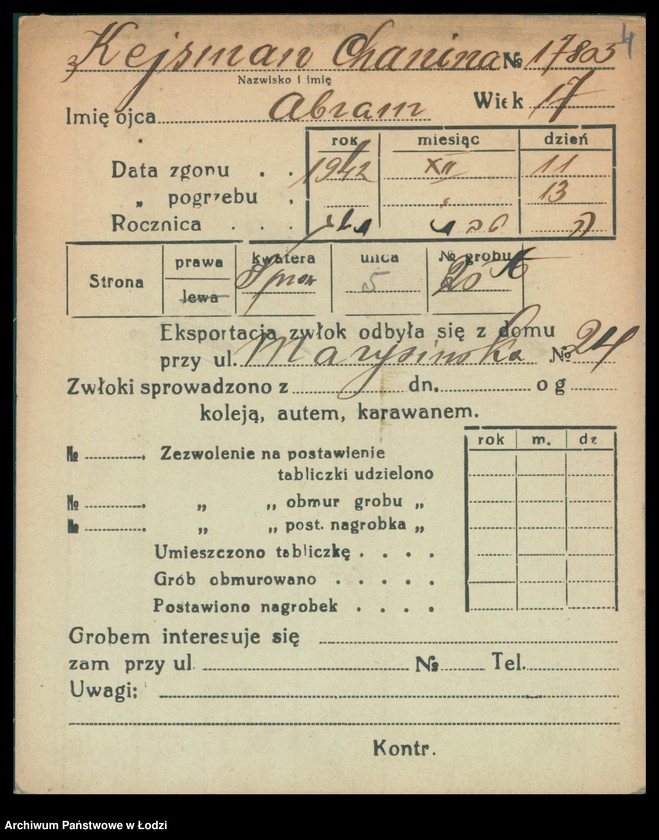 Obraz 5 z jednostki "Kartoteka osób pochowanych na cmentarzu żydowskim przy ulicy Brackiej w latach 1892-1951. Nazwiska na litery: Kei-Ki"