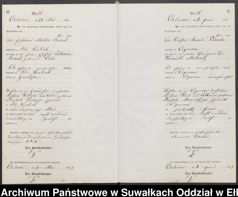 Obraz 20 z jednostki "Sterbe-Neben-Register des Preussischen Standes-Amtes Orlowen Kreis Loetzen für das Jahr 1883"