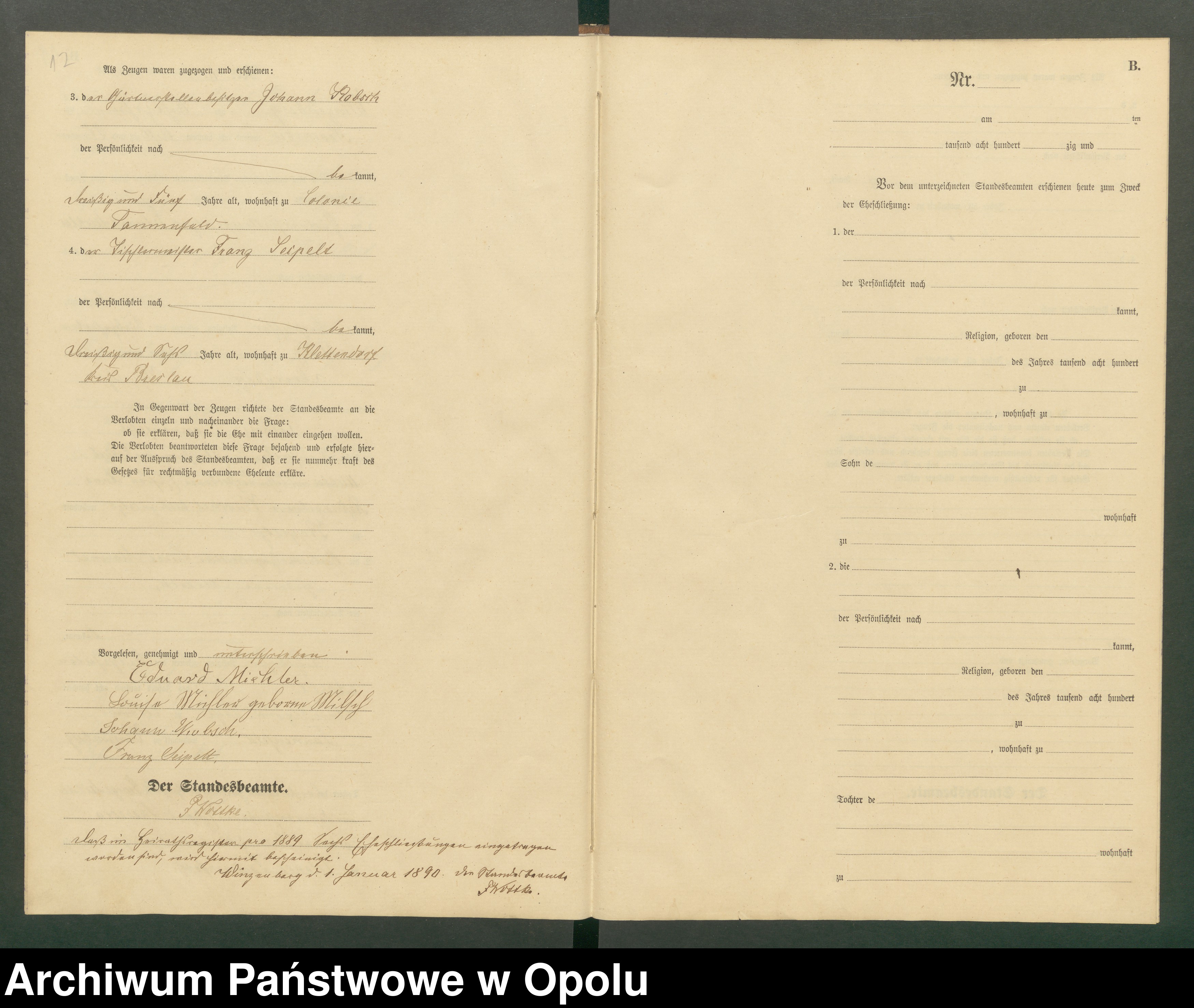 Skan z jednostki: Heiraths-Haupt-Register Standesamts Winzenberg pro 1889