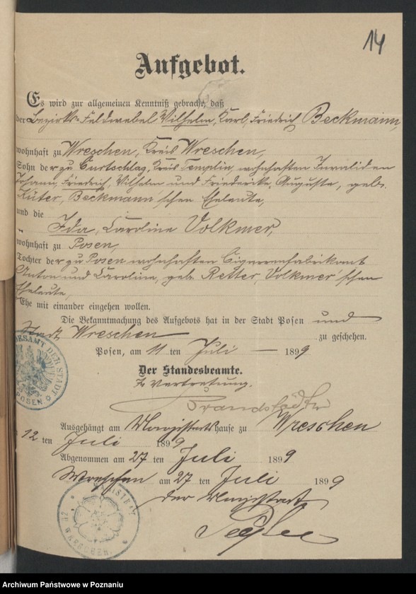 Obraz 16 z jednostki "Die von den Verlobten beigebrachten Urkunden zur Eheschliessung pro 1899"