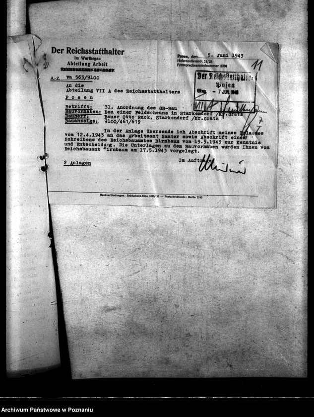 Obraz 15 z jednostki "Betriebsstoffzuteilungen für Kraftfahrzeuge. Regelung der Bauwirtschaft. Bauverbot. Lückenbebauung Posen. Behelfsbauten für Molkereien."