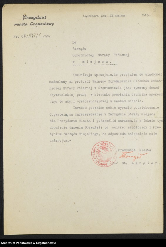 image.from.unit.number "[Sprawa przywrócenia działalności Ochotniczej Straży Pożarnej w Częstochowie po 1945 roku-korespondencja z Prezydentem Miasta]"