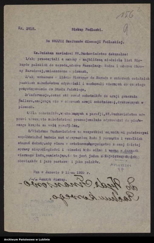Obraz z jednostki "[Odezwa biskupa podlaskiego do dziekanów diecezji podlaskiej]"