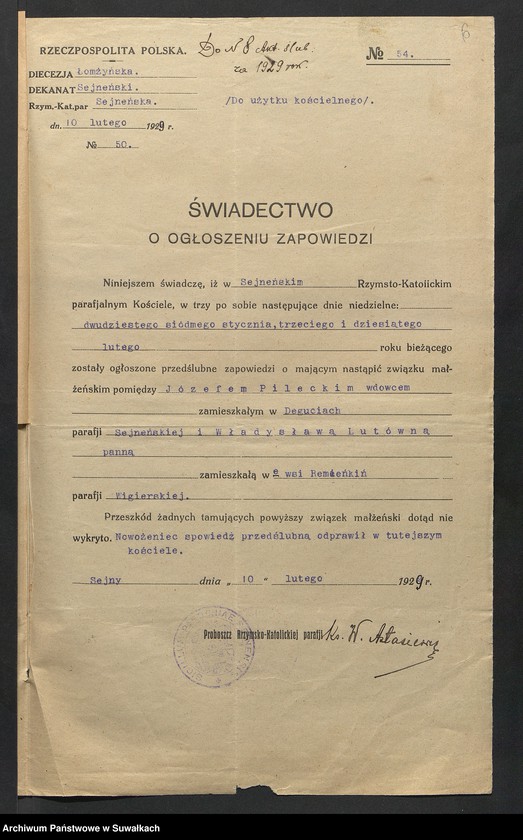 image.from.unit.number "Aneksa do Aktów Ślubnych Rz-Katolickiej parafji Wigierskiej za 1929 rok"