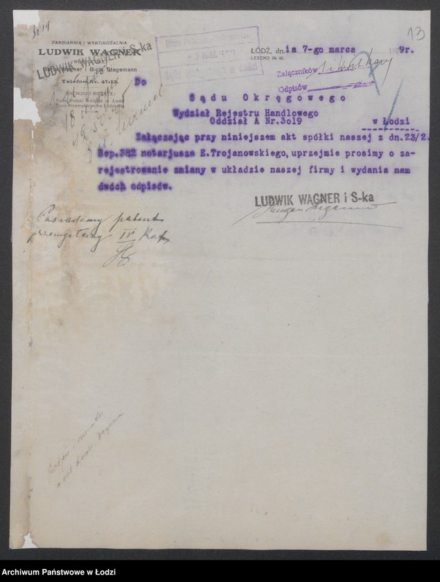 Obraz 15 z jednostki "Ludwik Wagner- właściciele Berta Wagner i Bracia Stegeman- prowadzenie farbiarni i wykończalni"