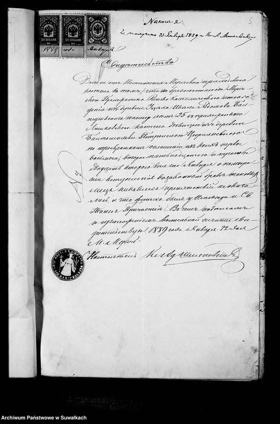 Obraz 5 z jednostki "Dokumenty k aktam brakošočetavšichsja Liškovskago Rimsko- katoličeskago Prichoda za 1889 god"