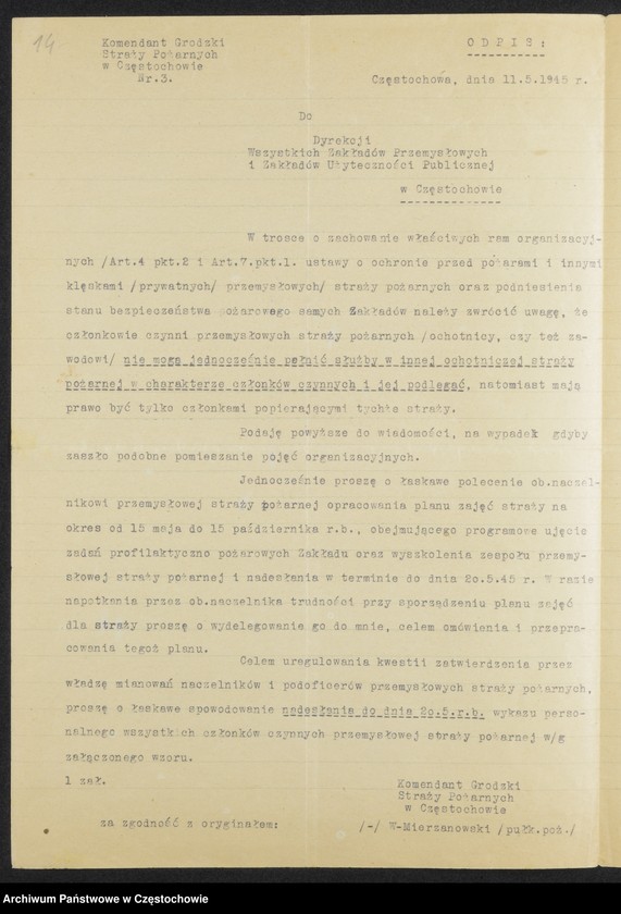 image.from.unit.number "[Sprawa przywrócenia działalności Ochotniczej Straży Pożarnej w Częstochowie po 1945 roku-korespondencja z Prezydentem Miasta]"