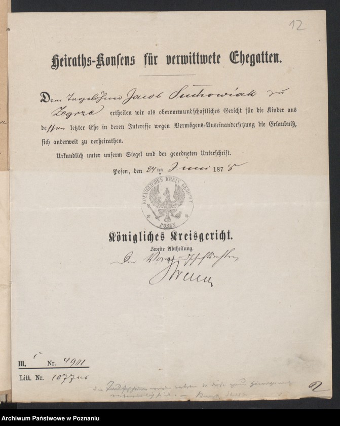Obraz 14 z jednostki "Acta betreffend die Schrieftstücke nur §§ 28 bis 38,43,45 bis 50,55,65 und 66 der Reichsgesetz vom 6 Januar 1875 zum Heiraths -Register"