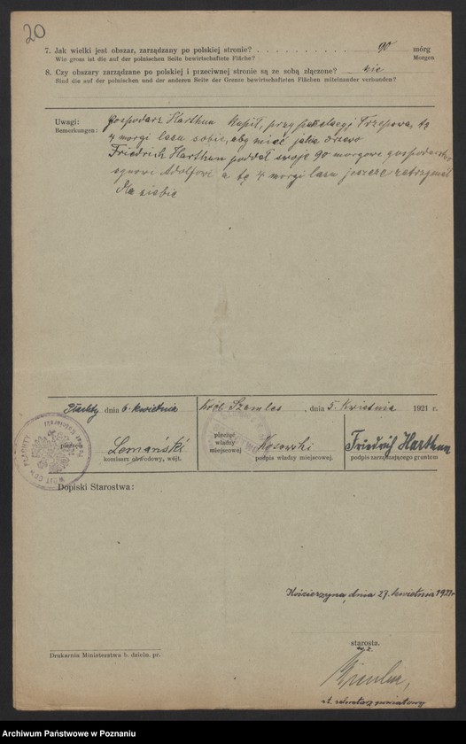 Obraz 17 z jednostki "[Kwestionariusze dotyczące stwierdzenia gruntów znajdujących się po niemieckiej stronie pogranicza a zarządzanych przez zamieszkałych po stronie polskiej] powiat kościański"