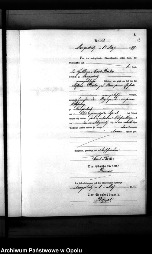 image.from.unit.number "Geburts-Neben-Register des Standesamts Mangschütz Kr.[eis] Brieg pro 1877"