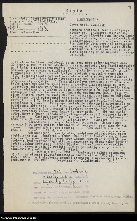 Obraz 16 z jednostki "Abram Berliner, Hinda Kinekowa- Bazar Krawiecki Berlinek i Kinek"