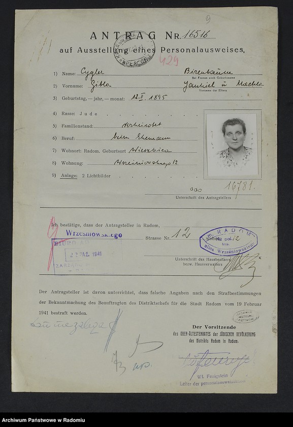 Obraz 13 z jednostki "[Wnioski o wydanie dowodów osobistych oraz nie odebrane dowody Cygielsztajcher - Cyngiser]"