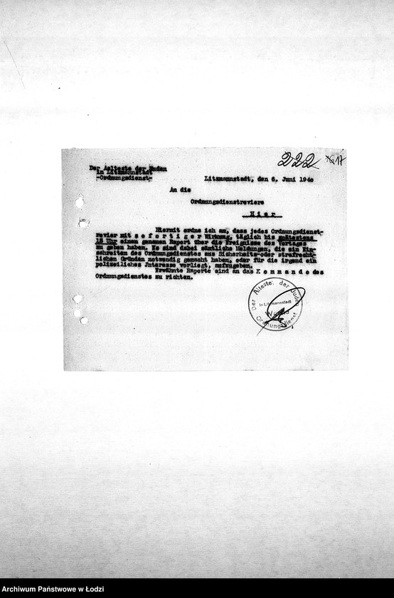 Obraz 20 z jednostki "[Rozkazy dzienne, zarządzenia i okólniki Komendy Służby Porządkowej skierowane do rewirów]"