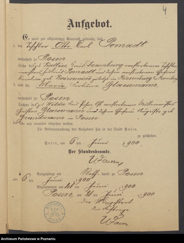 Obraz 6 z jednostki "Die von den Verlobten beigebrachten Urkunden zur Eheschliessung pro 1900"