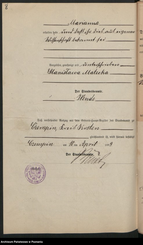 Obraz 10 z jednostki "Die von den Verlobten beigebrachten Urkunden zur Eheschliessung pro 1899"