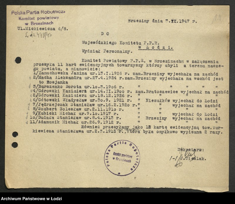 Obraz 12 z jednostki "Wykazy wykluczonych z partii i ubyłych z innych przyczyn [z lat 1945 - 1947]"