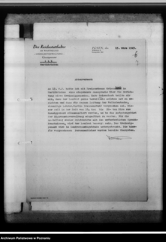 Obraz 11 z jednostki "[Korespondencja w sprawach organizacyjnych, sprawozdanie z działalności], Kreissippenamt Warthbrücken [Koło]"