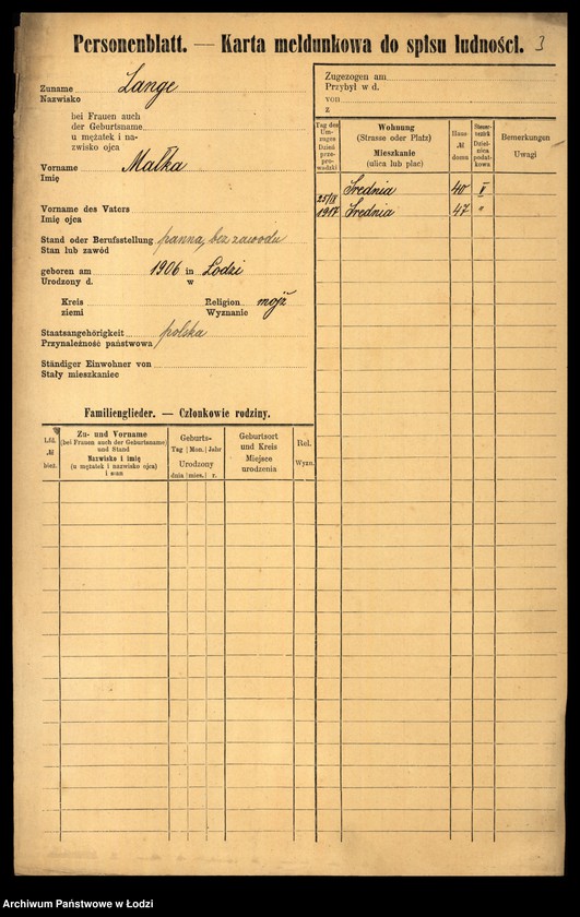 Obraz 5 z jednostki "[Spis ludności Łodzi] Lange - Langner"