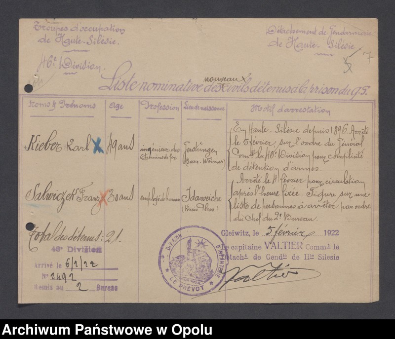 image.from.unit.number "Arrestation /Korespondencja dotycząca stanu wyjątkowego na Górnym Śląsku - aresztowania, listy imienne więźniów/ 2.02.-10.03.1922"