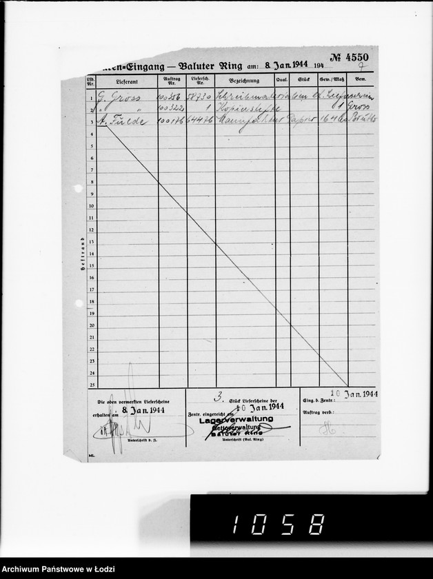 Obraz 11 z jednostki "Waren-Eingang. Baluter Ring [Dzienne zestawienia faktur na towary dostarczane do składów Getta na Bałuckim Rynku]"