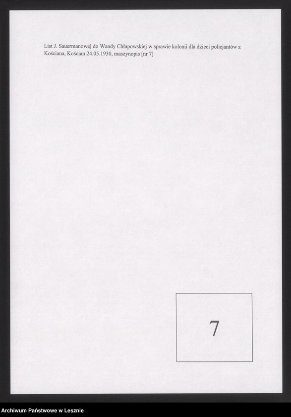 Obraz 1 z jednostki "List J. Sauermanowej do Wandy Chłapowskiej w sprawie kolonii dla dzieci policjantów"