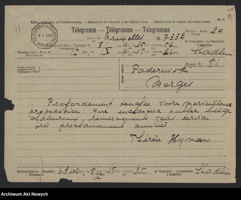 image.from.unit.number "Hymans Paul i Thérese; Załączniki: a) zaproszenie; b) wycinek prasowy; L.13 (odpowiedzi - rękopisy)"
