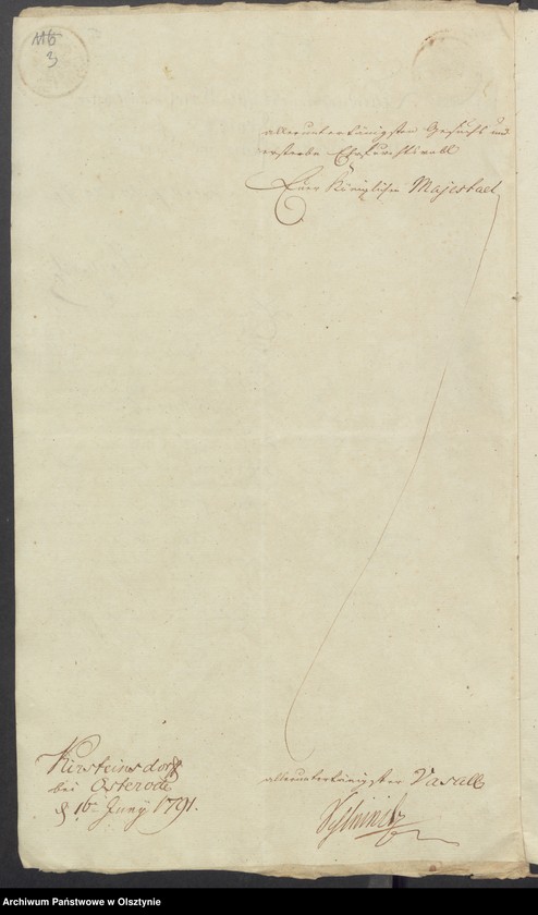 image.from.unit.number "In S. [Sachen] des v. [von] Schleinitz den Verkauf seines adelichen Guths Kirsteinsdorf [ Kiersztanowo] H. [Haupt] Amts Osterode [Ostróda] an den Lieutenant v. [von] Oelsnitz auf Plowenzin in Westpreussen"